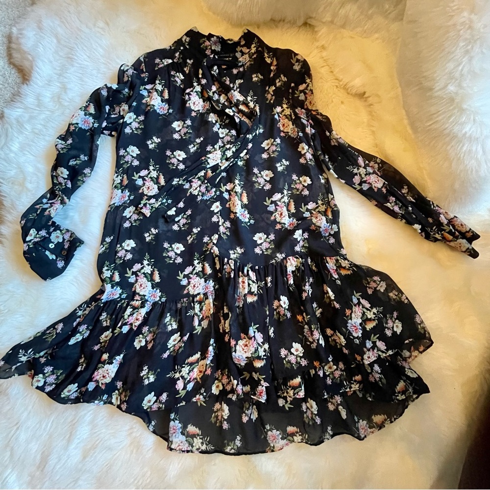 Zara - Semi-Sheer Black Floral Chiffon Flowy Mini Dress/Tunic Top - S